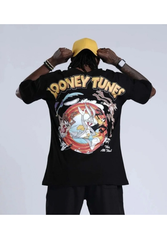 Bisiklet Yaka Baskılı Oversize T-Shirt - Siyah