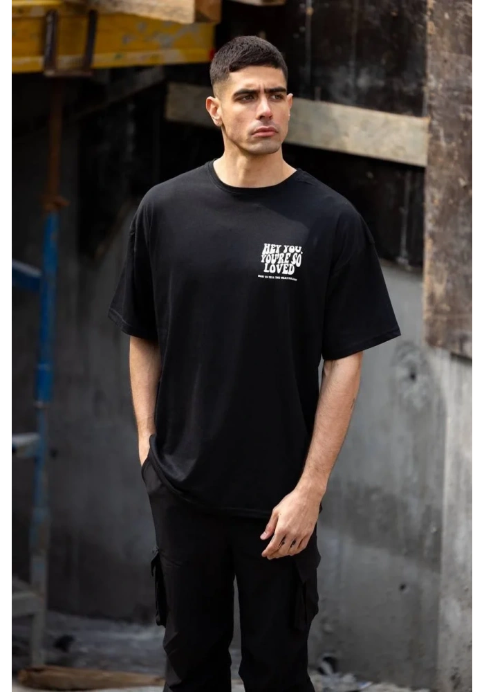 ERKEK Bisiklet Yaka Baskılı Oversize T-Shirt - Siyah