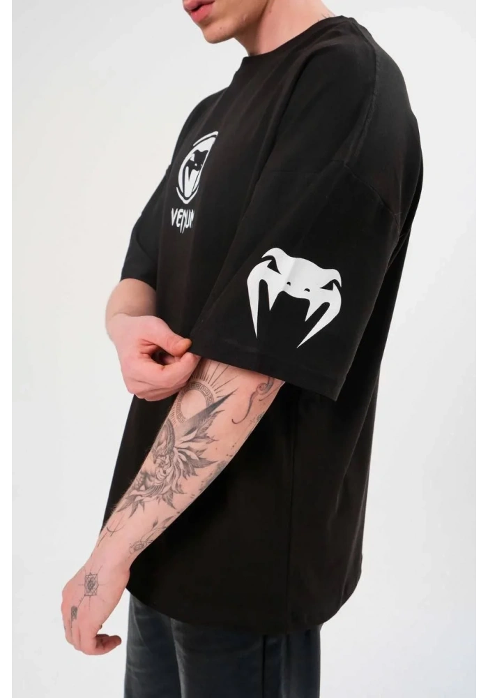 Erkek  Bisiklet Yaka Baskılı Oversize T-Shirt - Siyah