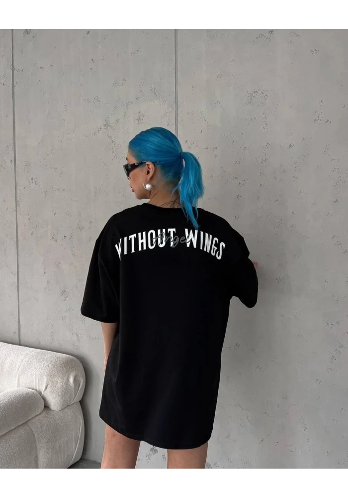 kadın Bisiklet Yaka Baskılı Oversize T-Shirt - Siyah