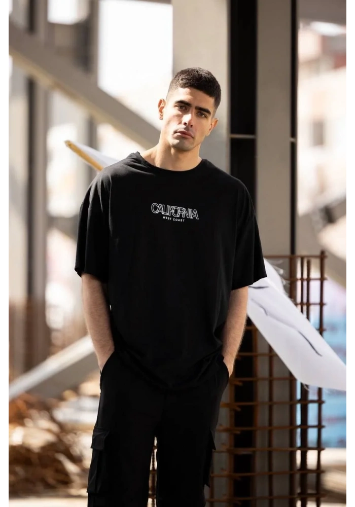 ERKEK Bisiklet Yaka Baskılı Oversize T-Shirt - Siyah