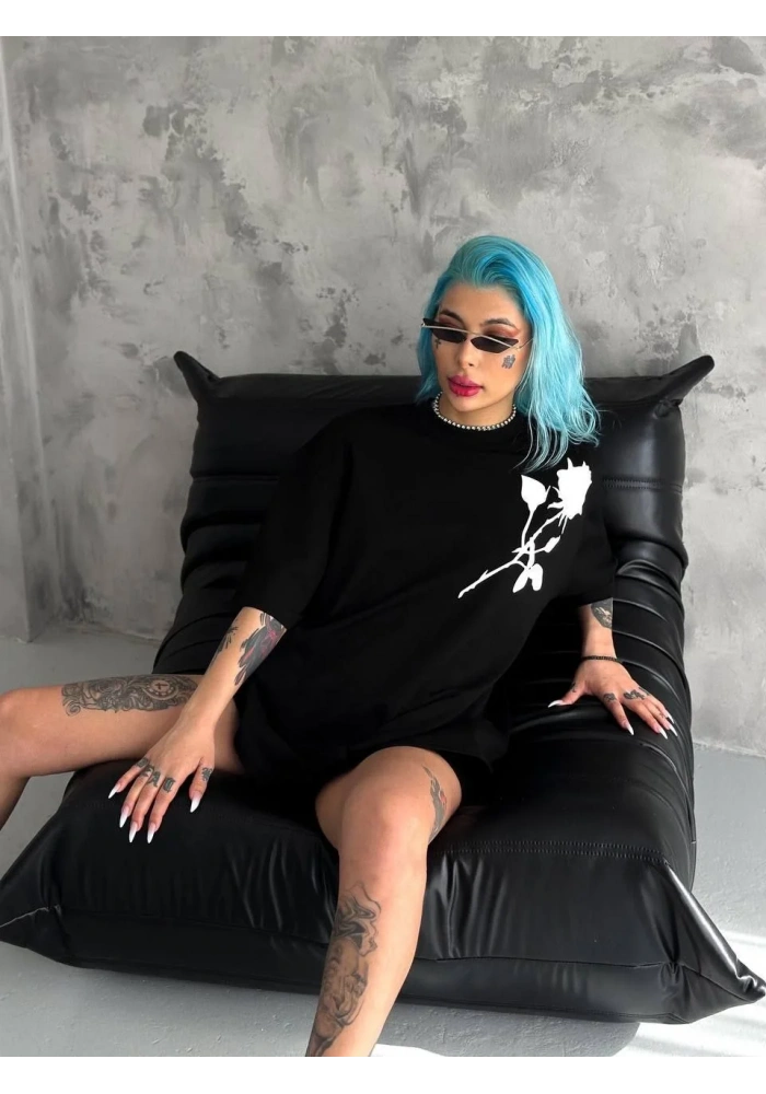 kadın Bisiklet Yaka Baskılı Oversize T-Shirt - Siyah