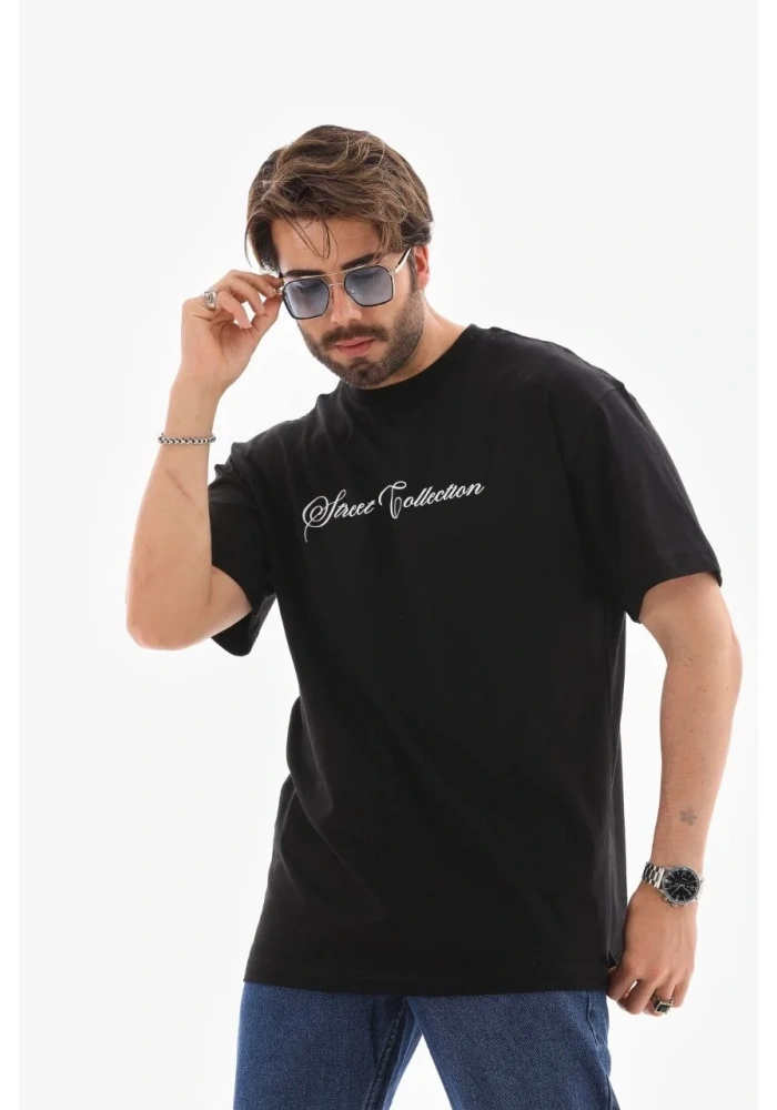 Erkek Kısa Kol Yazlık Tişört Bisiklet Yaka Baskılı Oversize T-Shirt - Siyah