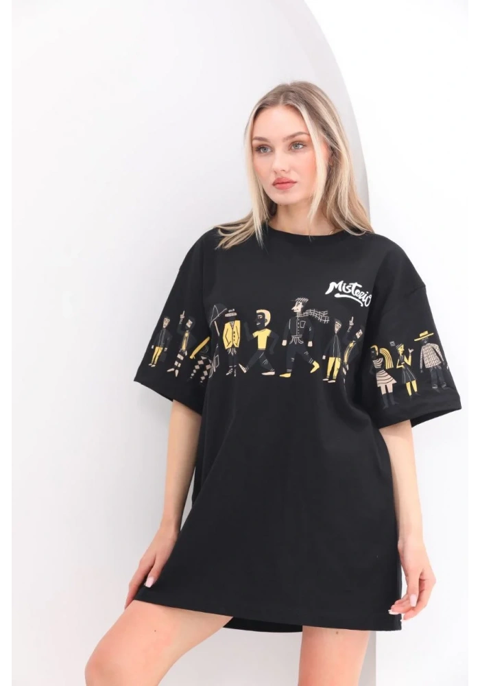 kadın  Bisiklet Yaka Baskılı Oversize T-Shirt - Siyah