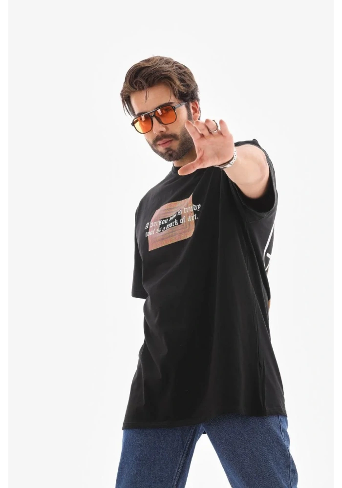Erkek Bisiklet Yaka Baskılı Oversize T-Shirt - Siyah