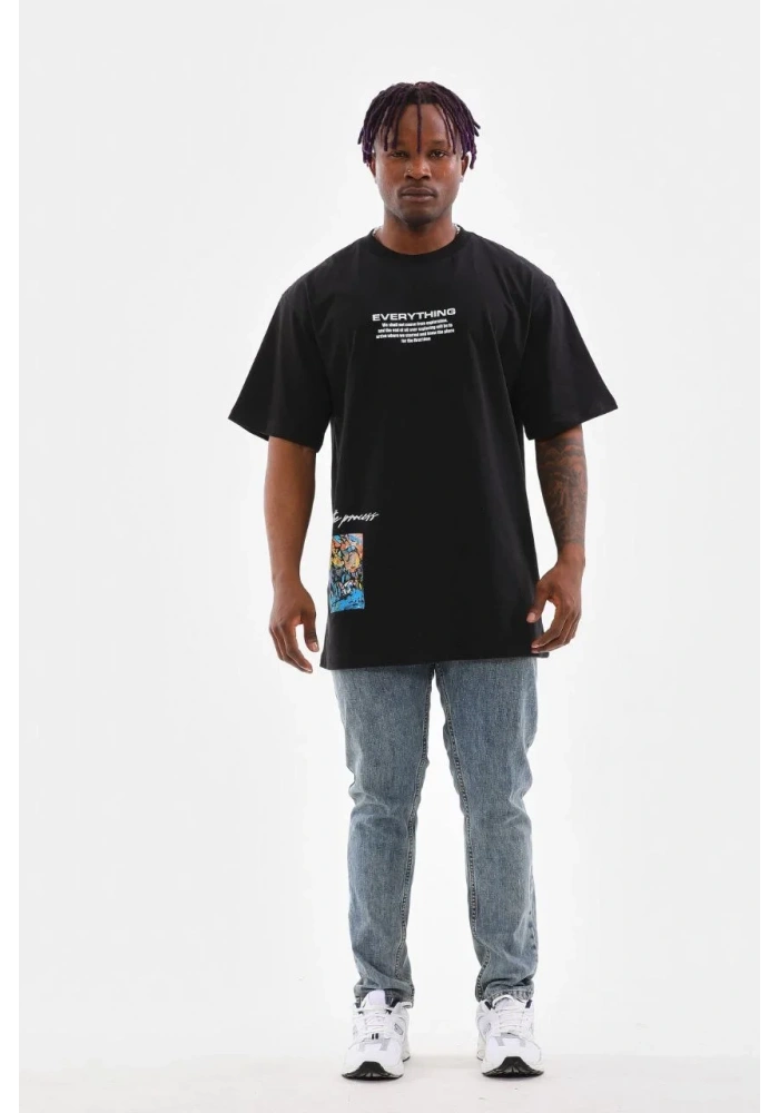 Erkek Bisiklet Yaka Baskılı Oversize T-Shirt - Siyah
