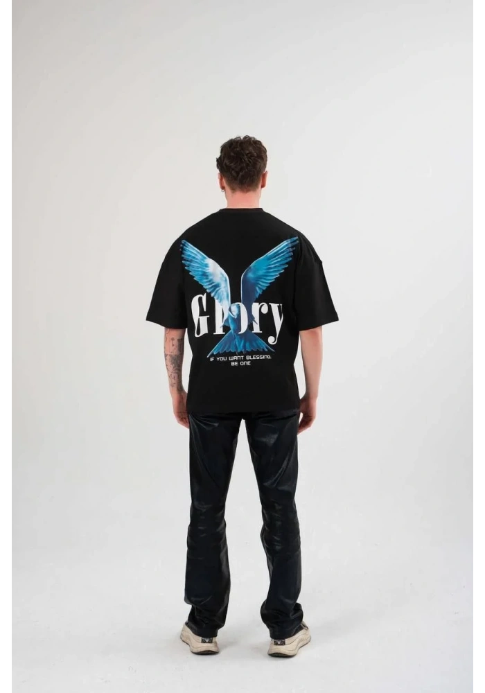 Erkek Bisiklet Yaka Baskılı Oversize T-Shirt - Siyah