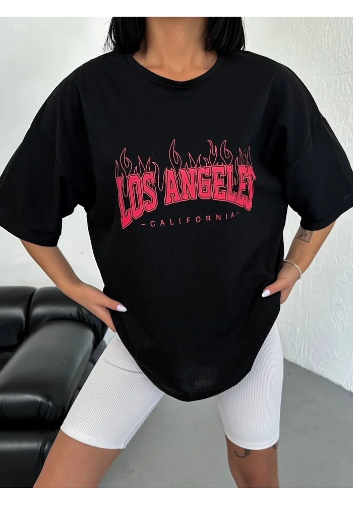 kadın  Bisiklet Yaka Baskılı Oversize T-Shirt - Siyah