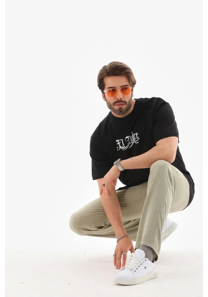 Erkek Bisiklet Yaka Baskılı Oversize T-Shirt - Siyah