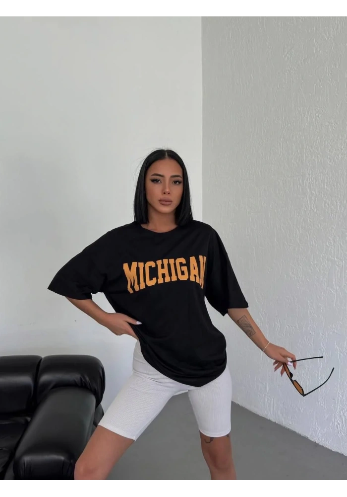 kadın Bisiklet Yaka Baskılı Oversize T-Shirt - Siyah