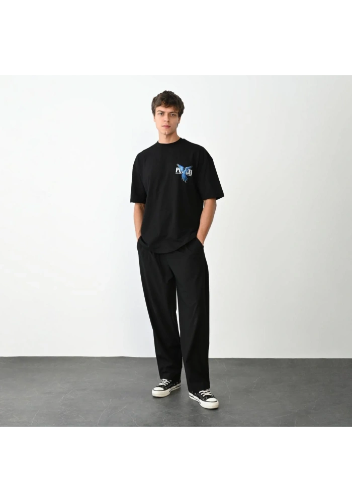 ERKEK Bisiklet Yaka Baskılı Oversize T-Shirt - Siyah