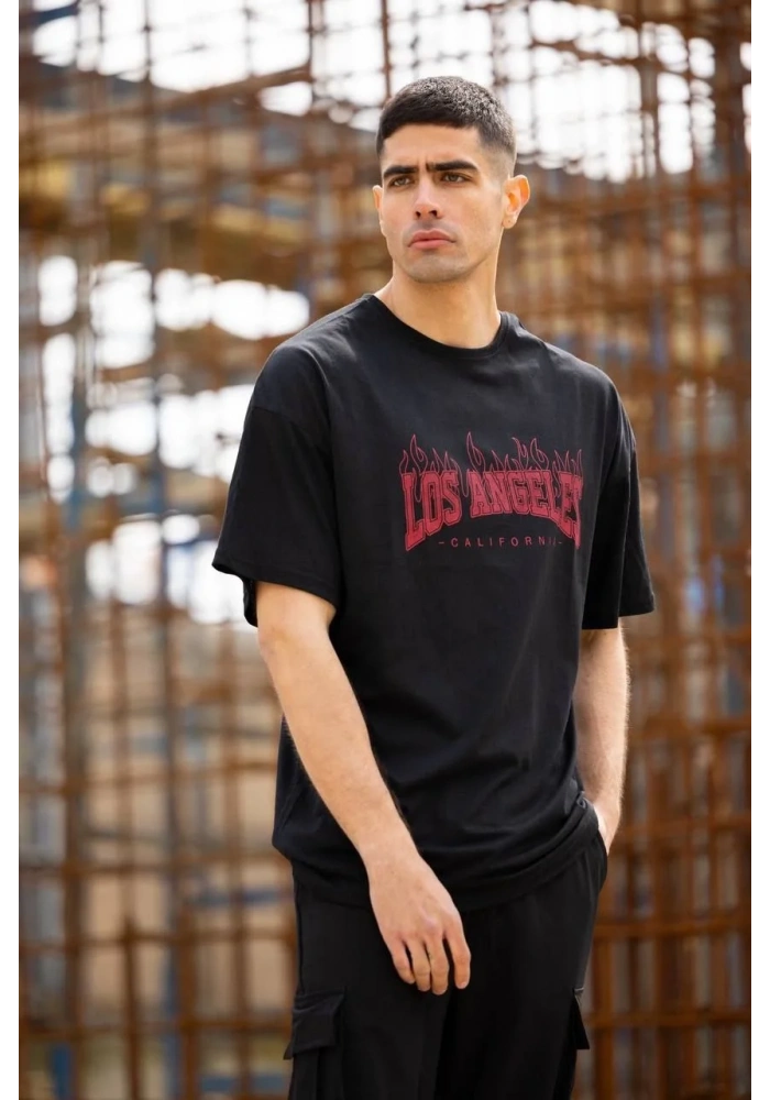 Unisex Bisiklet Yaka Baskılı Oversize T-Shirt - Siyah