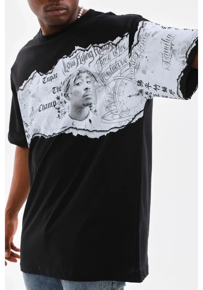 Erkek  Bisiklet Yaka Baskılı Oversize T-Shirt - Siyah