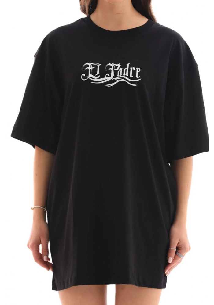 kadın Bisiklet Yaka Baskılı Oversize T-Shirt - Siyah