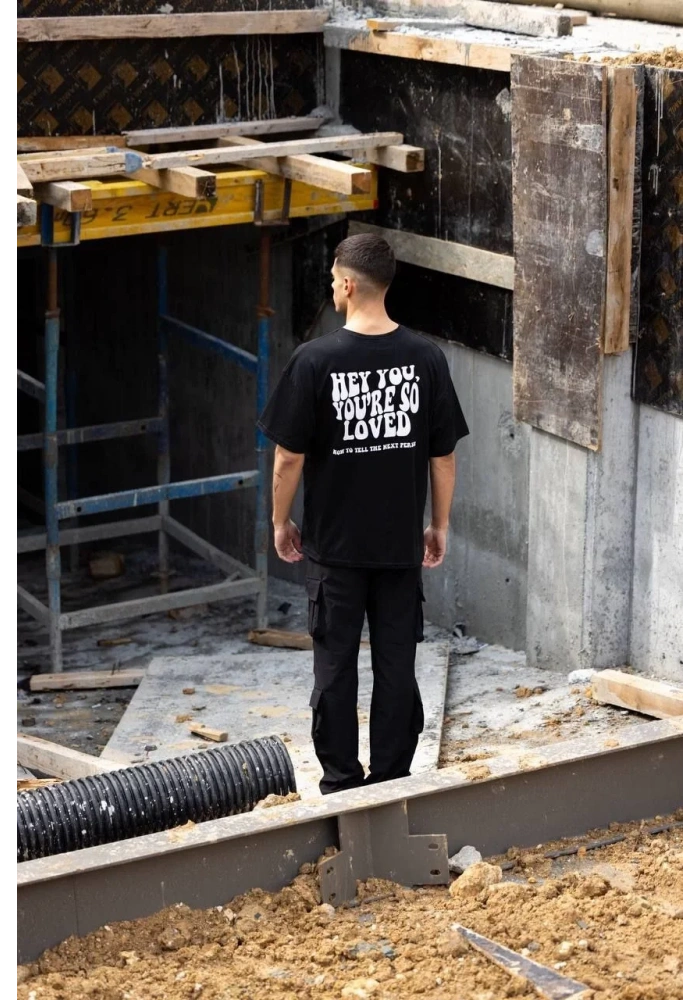 ERKEK Bisiklet Yaka Baskılı Oversize T-Shirt - Siyah