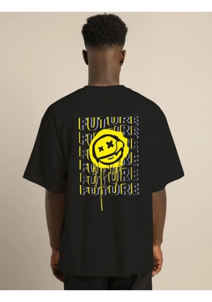 ERKEK Bisiklet Yaka Baskılı Oversize T-Shirt - Siyah