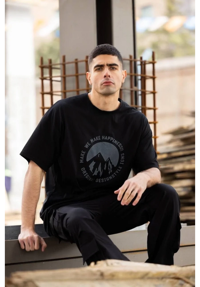 Unisex Bisiklet Yaka Baskılı Oversize T-Shirt - Siyah