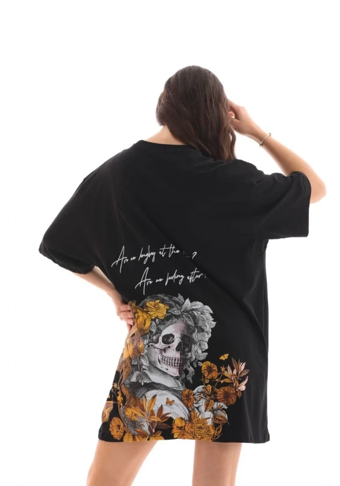 kadın  Bisiklet Yaka Baskılı Oversize T-Shirt - Siyah