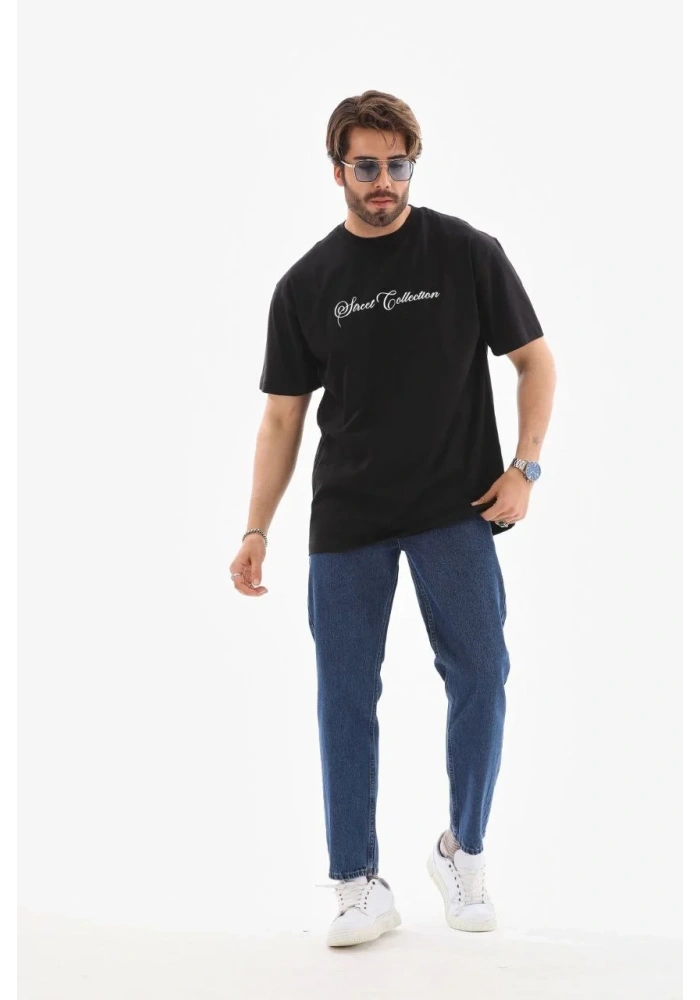 Erkek Kısa Kol Yazlık Tişört Bisiklet Yaka Baskılı Oversize T-Shirt - Siyah
