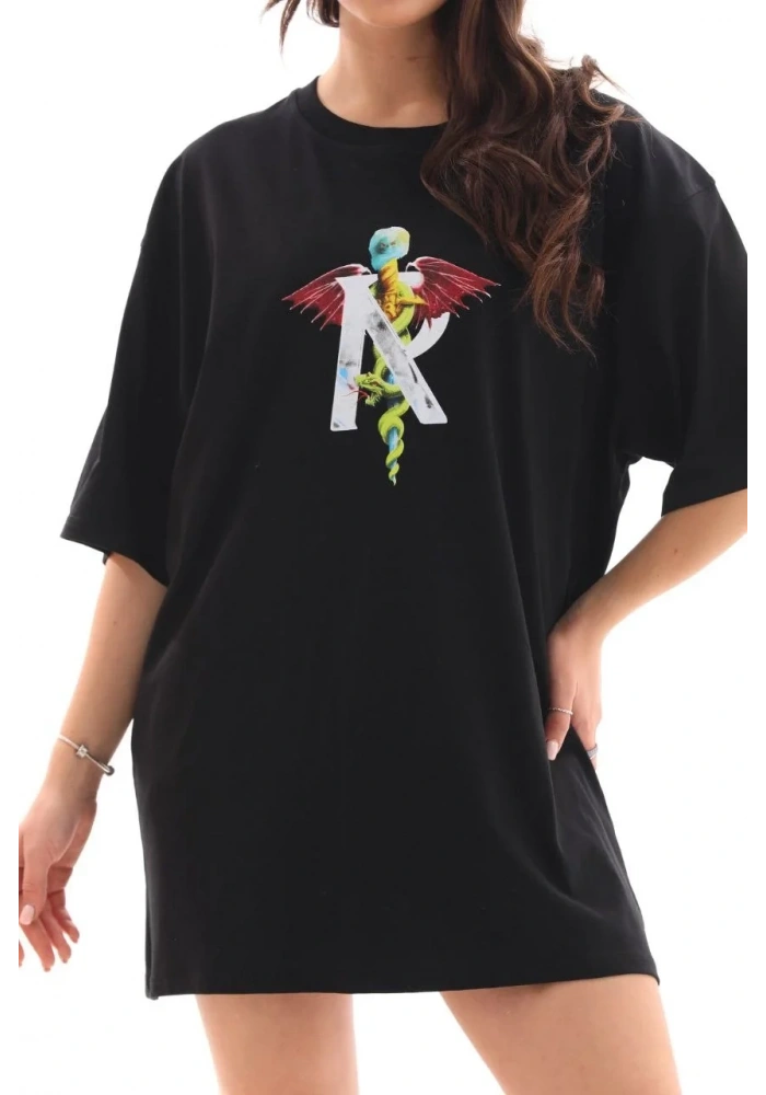 Kadın Baskılı T-Shirt Kısa Kol Bisiklet Yaka Regular Fit Rahat Kalıp Günlük Tişört -Siyah