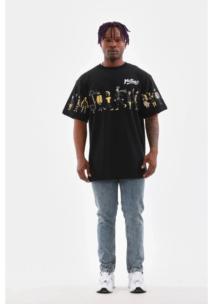 Erkek Bisiklet Yaka Baskılı Oversize T-Shirt - Siyah