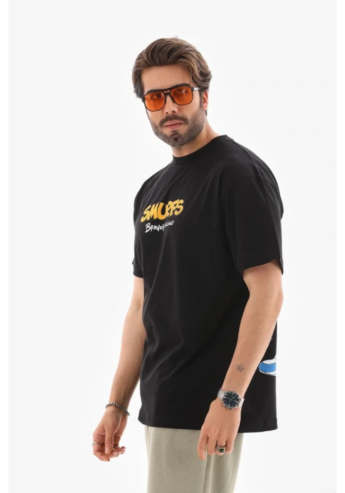 Erkek  Bisiklet Yaka Baskılı Oversize T-Shirt - Siyah