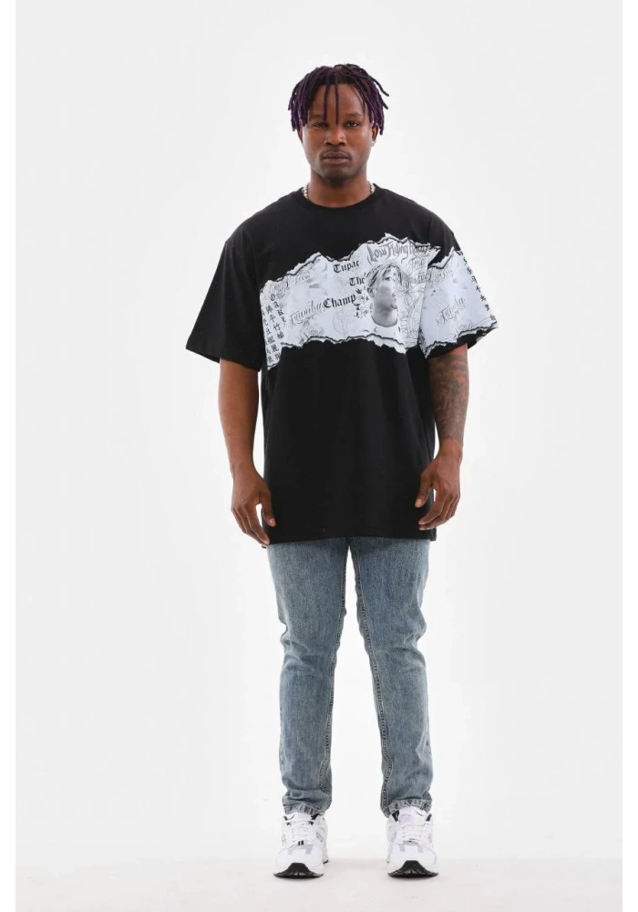 Erkek  Bisiklet Yaka Baskılı Oversize T-Shirt - Siyah