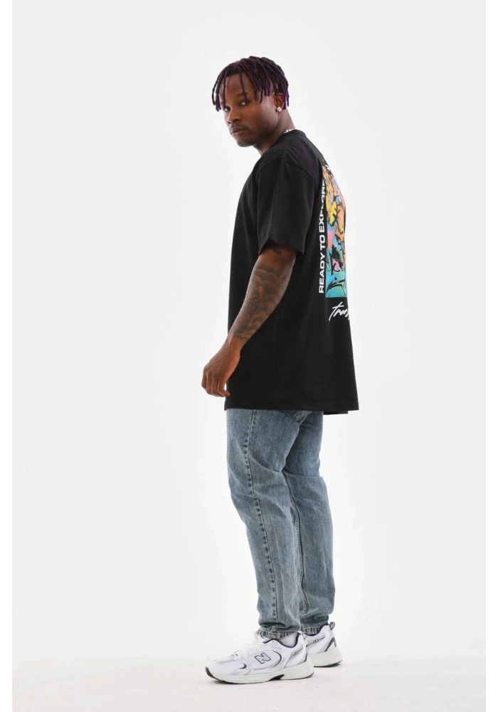 Erkek Bisiklet Yaka Baskılı Oversize T-Shirt - Siyah