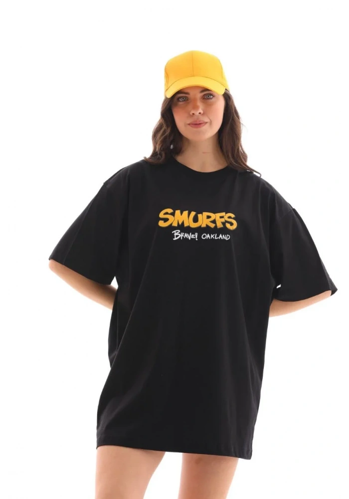 kadın  Bisiklet Yaka Baskılı Oversize T-Shirt - Siyah