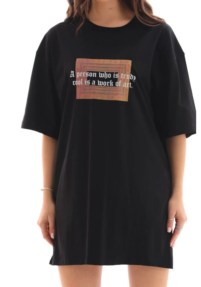 kadın Bisiklet Yaka Baskılı Oversize T-Shirt - Siyah