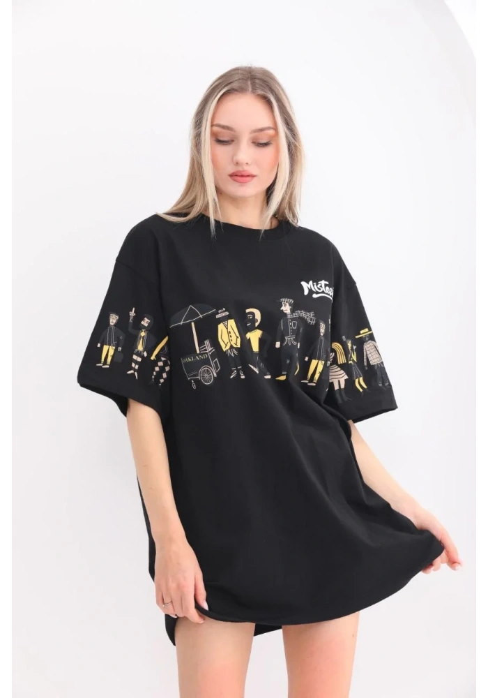 kadın  Bisiklet Yaka Baskılı Oversize T-Shirt - Siyah
