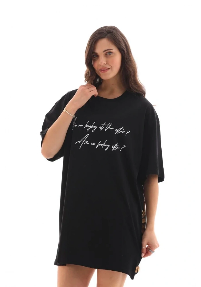 kadın  Bisiklet Yaka Baskılı Oversize T-Shirt - Siyah