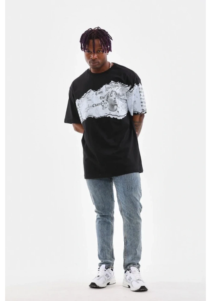 Erkek  Bisiklet Yaka Baskılı Oversize T-Shirt - Siyah