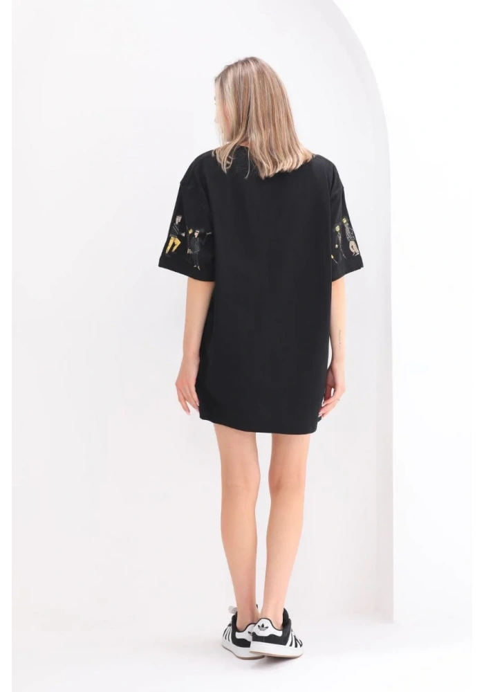 kadın  Bisiklet Yaka Baskılı Oversize T-Shirt - Siyah