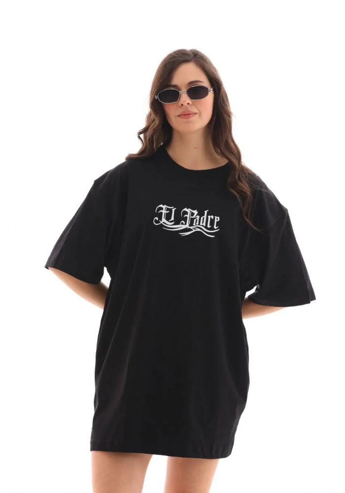 kadın Bisiklet Yaka Baskılı Oversize T-Shirt - Siyah