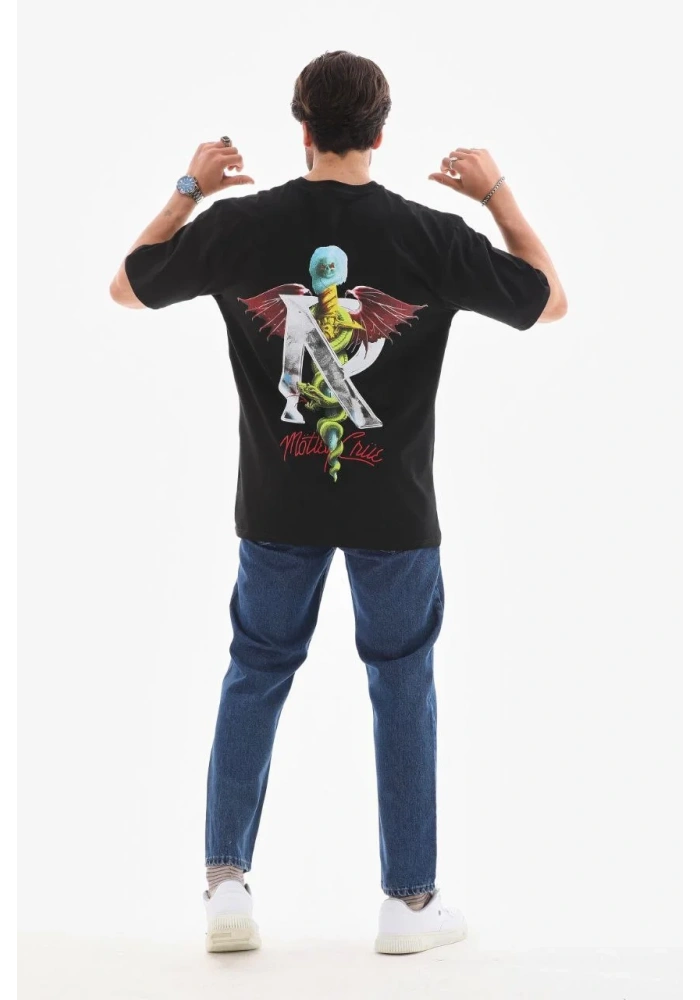 Erkek Bisiklet Yaka Baskılı Oversize T-Shirt - Siyah