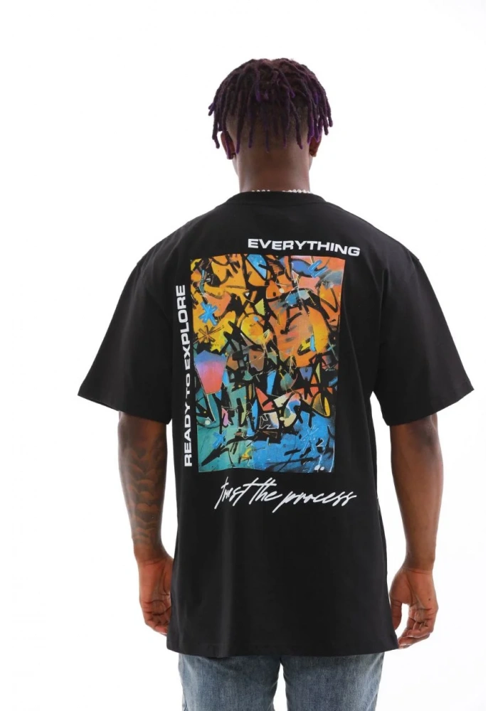 Erkek Bisiklet Yaka Baskılı Oversize T-Shirt - Siyah