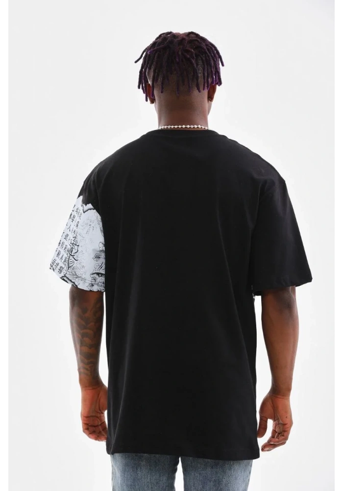 Erkek  Bisiklet Yaka Baskılı Oversize T-Shirt - Siyah