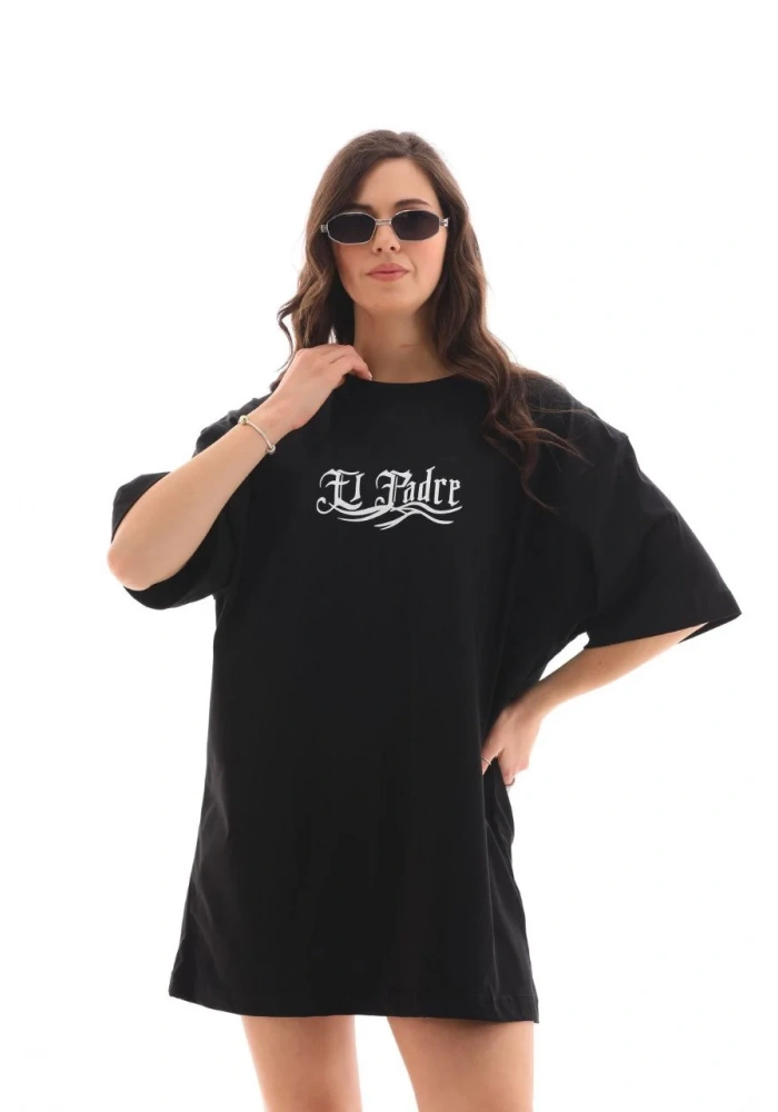 kadın Bisiklet Yaka Baskılı Oversize T-Shirt - Siyah