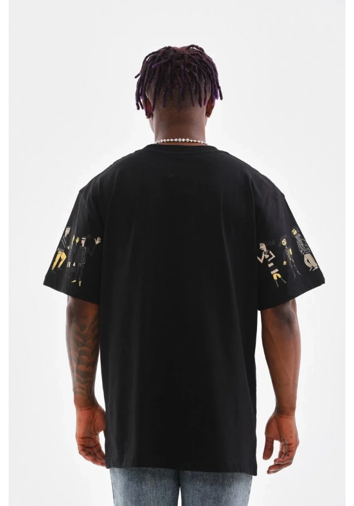Erkek Bisiklet Yaka Baskılı Oversize T-Shirt - Siyah