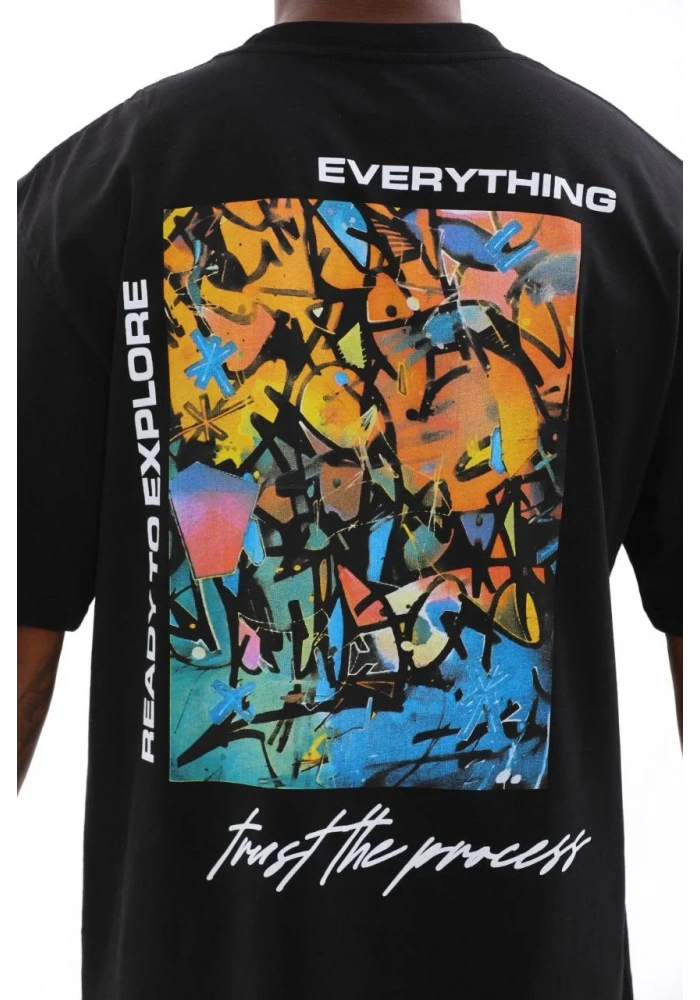 Erkek Bisiklet Yaka Baskılı Oversize T-Shirt - Siyah