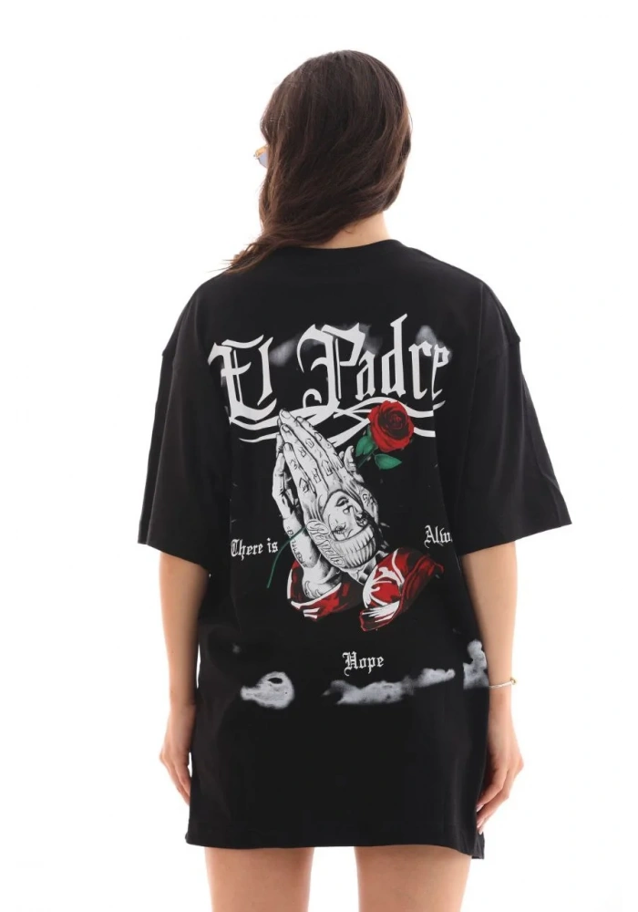 kadın Bisiklet Yaka Baskılı Oversize T-Shirt - Siyah