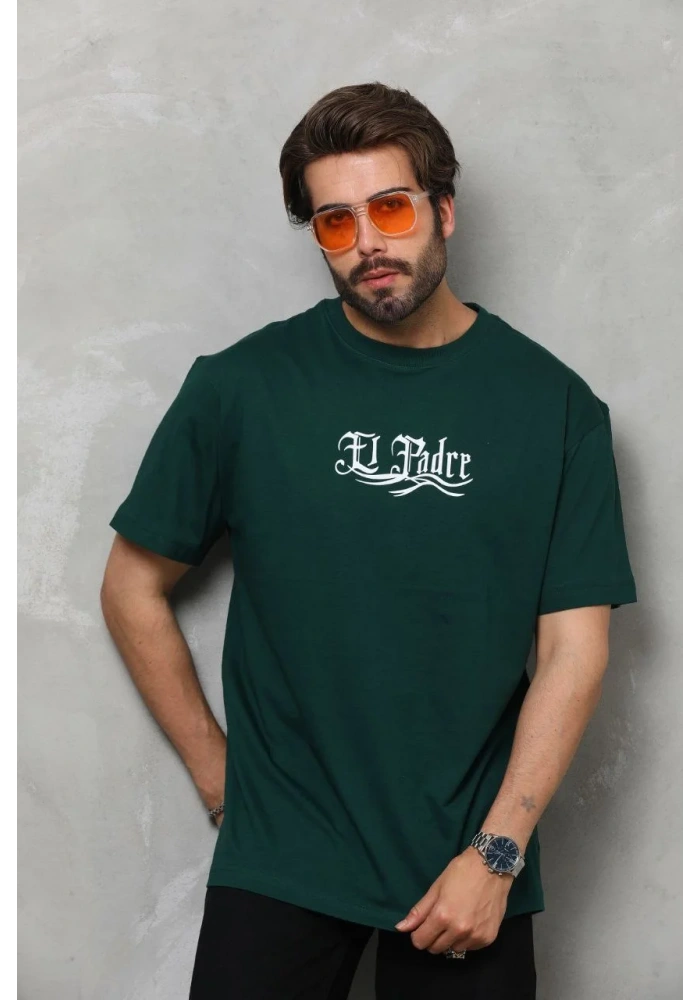 Erkek  Bisiklet Yaka Baskılı Oversize T-Shirt - Yeşil