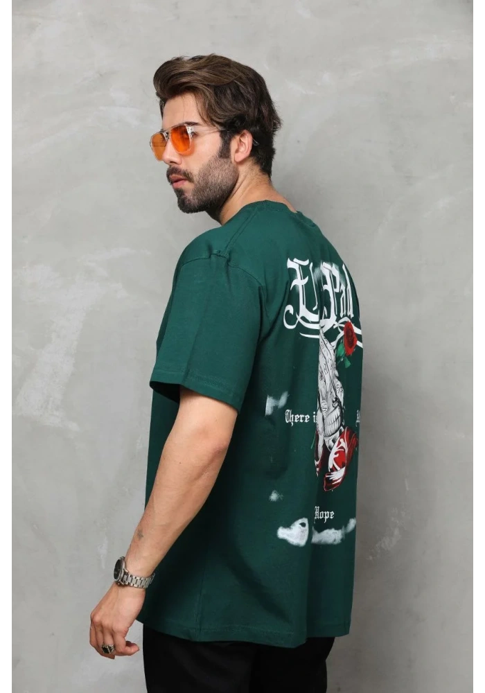 Erkek  Bisiklet Yaka Baskılı Oversize T-Shirt - Yeşil