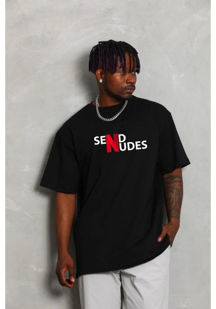 ERKEK Bisiklet Yaka Double Oversize Baskılı T-Shirt - Siyah