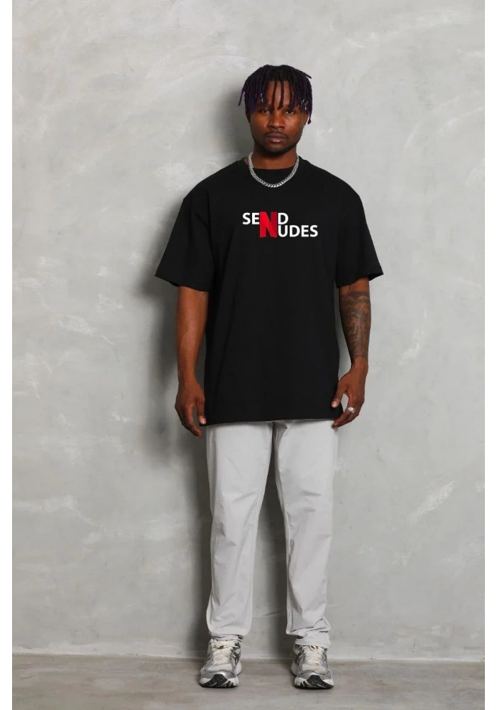 ERKEK Bisiklet Yaka Double Oversize Baskılı T-Shirt - Siyah