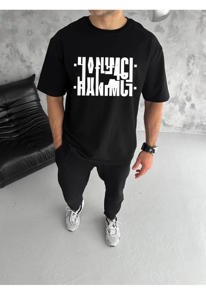 ERKEK Bisiklet Yaka Katlanan Hanımcı Baskılı T-Shirt - Siyah