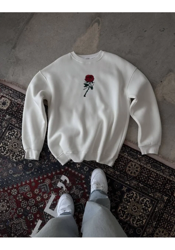 ERKEK Bisiklet Yaka Ön Ve Arka Baskılı SweatShirt - Beyaz