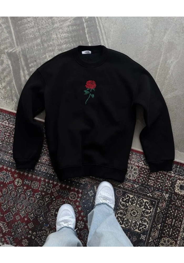 ERKEK  Bisiklet Yaka Ön Ve Arka Baskılı SweatShirt - Siyah