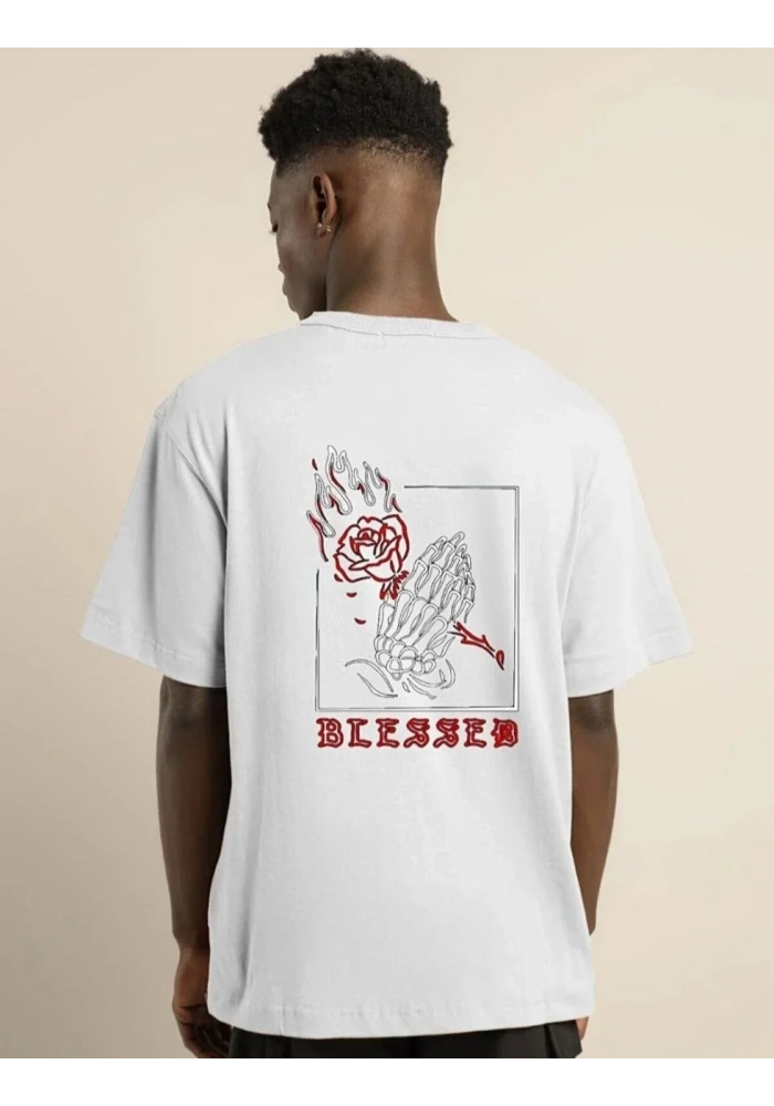 ERKEK Bisiklet Yaka Oversize Baskılı T-Shirt - Beyaz